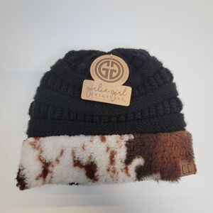 CC Girlie Girl Originals Black Knit Beanie with Cow Print Sherpa Trim
